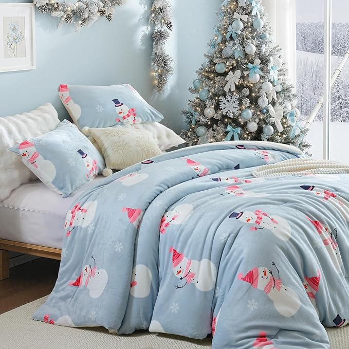 JANZAA Christmas Queen Comforter Set, Blue Flannel Comforter with Snowman Pattern, Soft Cozy Lightweight Bedding Set Fluffy Comforter Set 1 Queen Comforter(90"*90") and 2 Pillowcases (20"*26")