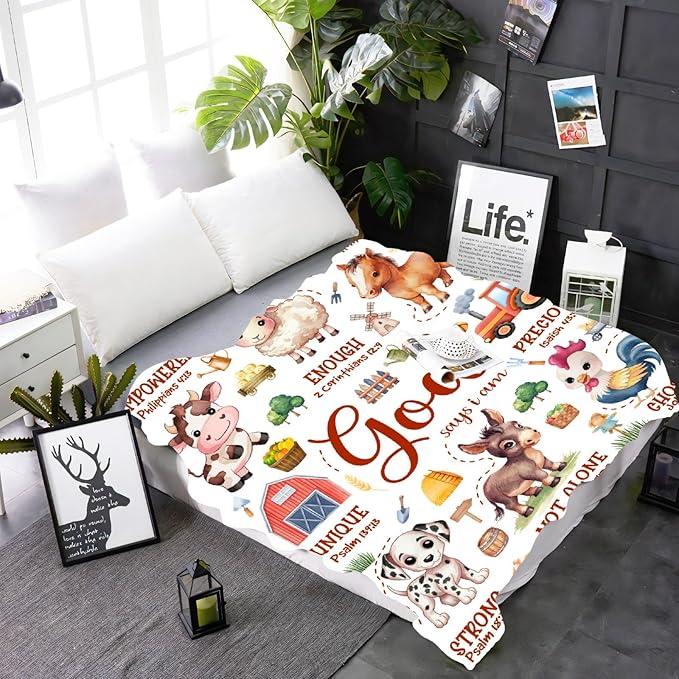 Farm Animal Blanket,Bible Verse Blanket, Christian Gifts, Cow Sheep Horse Chicken Dog Tractor Print Blankets,Cute Religious Gifts for Boys Girls Teens,Farm Animals Lover Room Bed Decoration, 50"x60"
