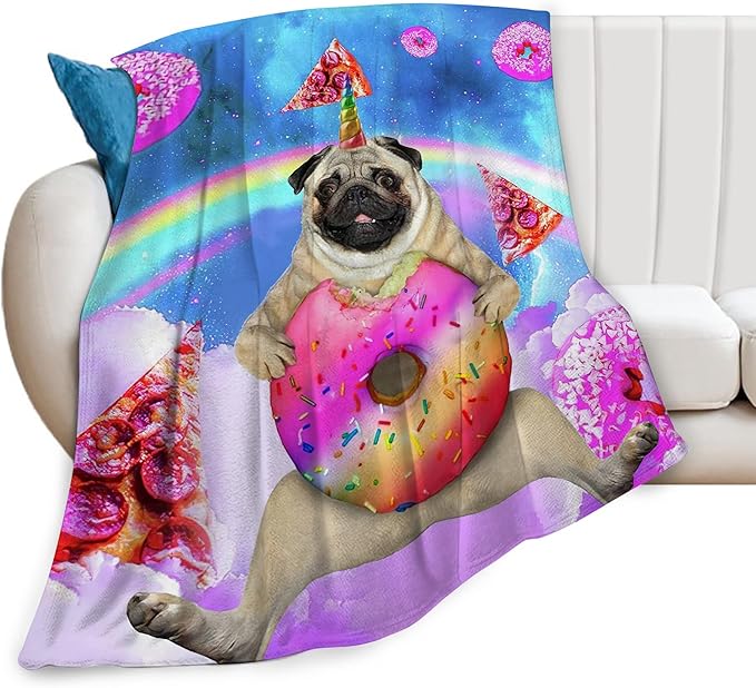 Pug Blanket Funny Pug Gifts for Girls Boys Woman Kids Doughnut Pizza Lover Dog Throw Blankets Soft Blanket Warm Fleece Flannel Plush Blankets for Bed Sofa Couch 50"x60"