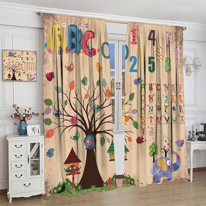 Animal Alphabet Numbers Tree Curtain Learning ABC Letters Birds Numbers Home Printed Rod Pocket Window Treatments for Bedroom Living Room Playroom Nursery Decor 42" W X 45" L