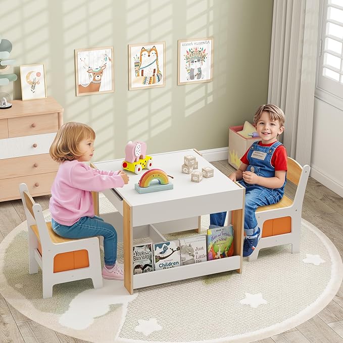 INFANS Kids Table and Chair Set, 4 in 1 Building Block Wooden Activity Desk with Reversible Tabletop Storage Drawers Bookshelves for Toddlers Art Craft Learning Reading Drawing Playroom (Natural)