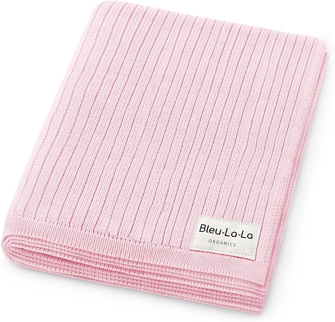 Organic Ribbed Swaddle Blanket for Boys & Girls - 100% Luxury Organic Soft Cotton Knit Warm Cozy Cuddle Stroller Blanket for Newborns, Infants, & Toddlers (Blush Pink)