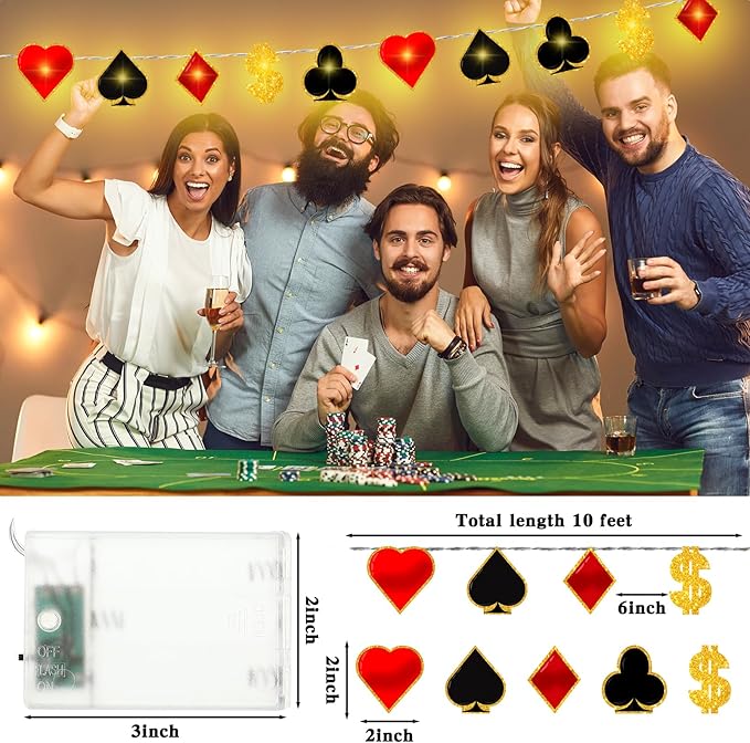 VIHOSE Casino Theme Party Decorations Las Vegas Party Supplies 20 LED 10 ft Poker String Lights for Casino Night Las Vegas Night Baby Shower Birthday Decorations