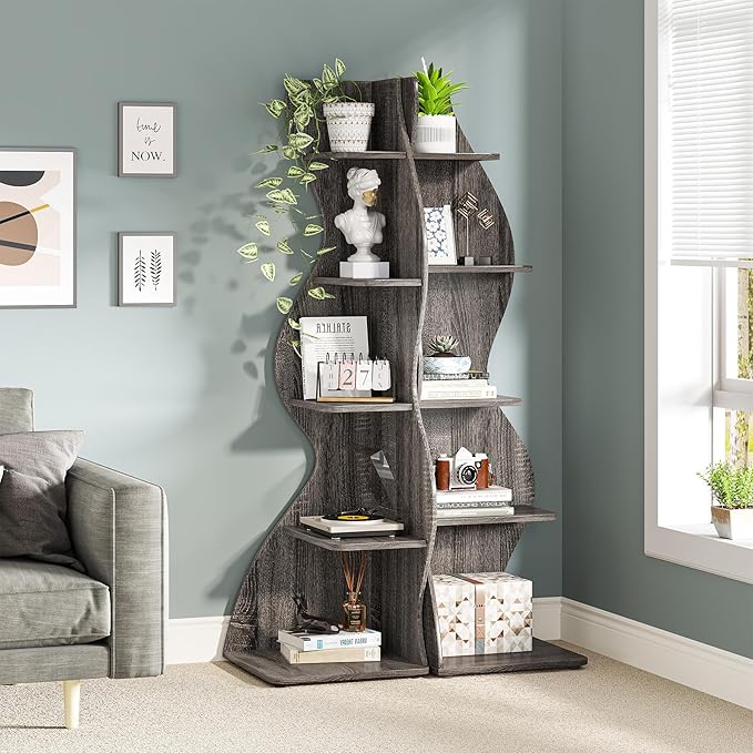 Tribesigns Corner Shelf, Modern 5-Tier Wall Corner Bookshelf, Stylish Corner Small Bookcase Storage Rack Plant Stand with Unique Shape for Living Room, Home Office, (1PC, Gray)