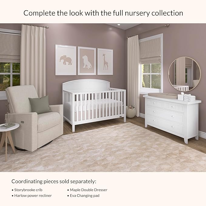 Dream On Me Storybrooke 5-in-1 Convertible Full-Size Baby Crib in White, GreenGuard Gold & JPMA, Convert to Toddler, Day & Full-Size Bed Sustainable Pinewood, 3 Mattress Heights