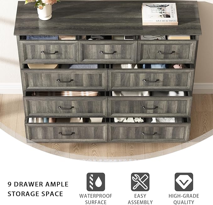 CARPETNAL Farmhouse Dresser and Nightstand Sets for Bedroom, 3 Pcs Bedroom Set, 9 Drawer Dresser & Nightstand Set of 2, Modern Wood Chest of Drawers for Bedroom, Living Room, Entryway, Grey