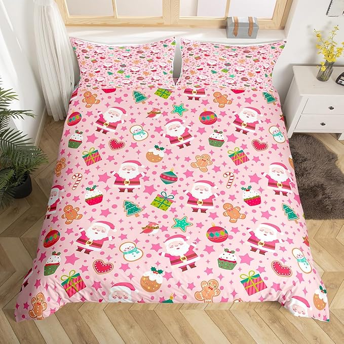 Feelyou Pink Christmas Duvet Cover Toddler Size Cartoon Santa Claus Gingerbread Man Bedding Set for Boys Girls Snowman Xmas Decor Comforter Cover Reversible Pink Bedroom Decor 2Pcs