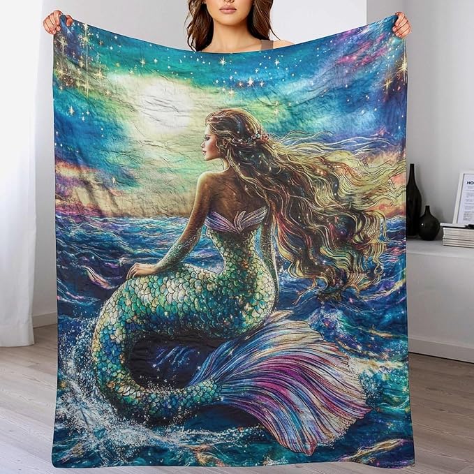 Mermaid Blanket Navy Mermaids Gifts for Girls Boys Woman Kids Ocean Mermaid Lover Coastal Throw Blankets Soft Blanket Warm Fleece Flannel Plush Blankets for Bed Sofa Couch 40"x50"