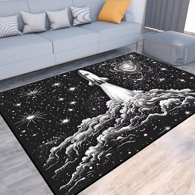 6' x 9' Space Rocket Rug for Kids Bedroom Black Stars Galaxy Rugs Carpet Planet Printed Throw Rugs for Boys Teens Living Room,180x275cm