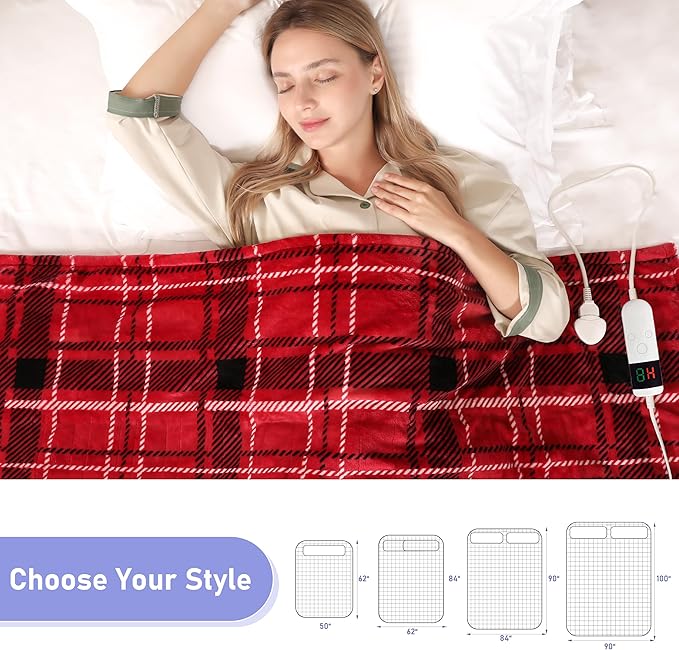 Electric Blanket Heated Twin, Soft Flannel 62"x84" Plaid Heating Blanket with 8 Hours Auto Off 10 Fast Heating Levels Machine Washable Sherpa Heated Blanket with Overheating Protection