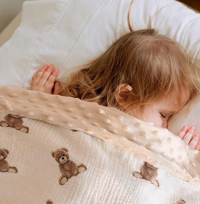 Little Jump Baby Blankets Minky Blankets for Unisex Boys Girls, Soft Fluffy Crib Blankets with Muslin Cotton Front and Dotted Fleece Backing, Teddy Bear Receiving Blanket for Newborn Infants