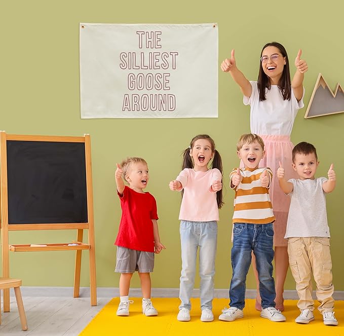 Nursery Rectangular Canvas Banner-Boho Flag Poster Sign for Toddler Boy Girl,Baby Room Above Crib Bedroom Playroom Dorm Wall Decor-Baby Shower Birthday Christmas Gift-The Silliest Goose Around Theme