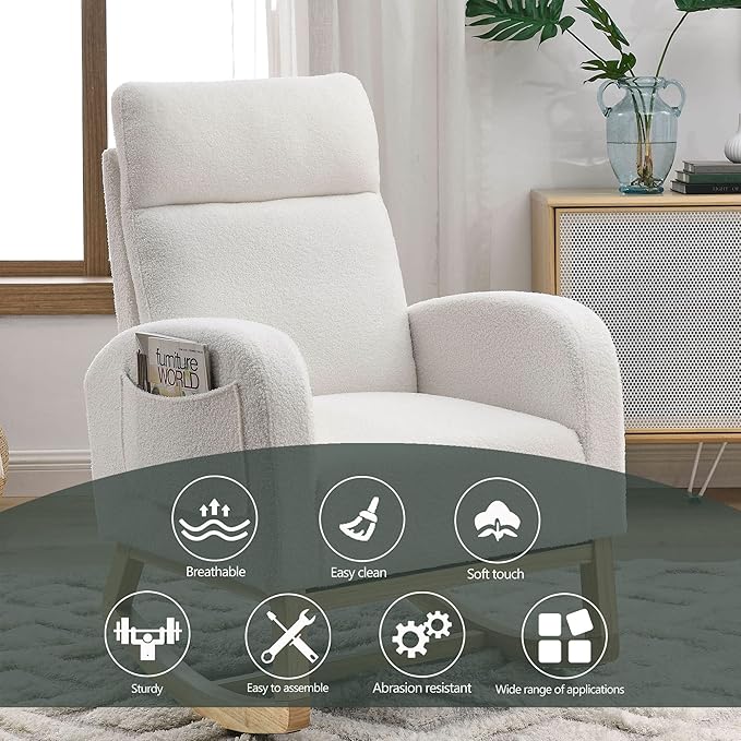 Dolonm Rocking Chair Mid-Century Modern Nursery Rocking Armchair Upholstered Tall Back Accent Glider Rocker for Living Room (White,Teddy)