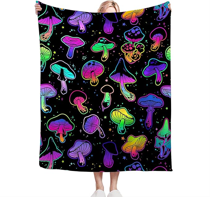 Colorful Mushroom Blanket for Girls, Women, Kids & Adults - Soft, Warm & Cozy Fleece Blanket for Couch, Sofa & Bed - 50"x40"