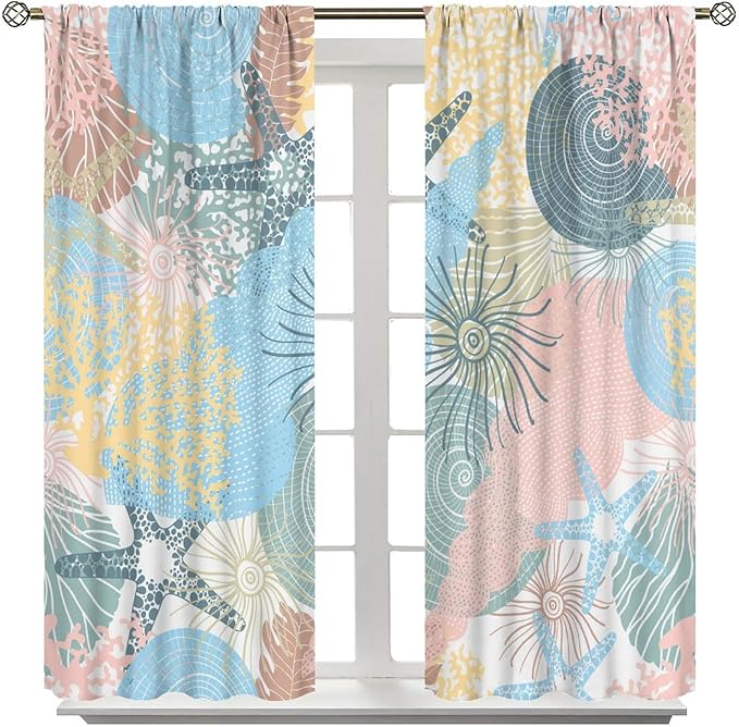 Nautical Blackout Curtain Beach Theme Starfish Seashell Nautical Rustic Ocean Sea Vintage Retro Coastal Summer Bedroom Set 2 Panels,84x84 Inches