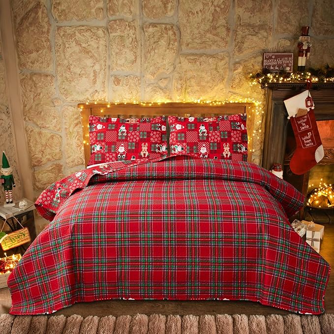 Christmas Quilt Set King Size Bedding Reversible Red Green Christmas Plaid Patchwork Quilt Home Holiday Xmas Bedding Bed Set Lightweight Quilt Bedspread Coverlet,Snowman