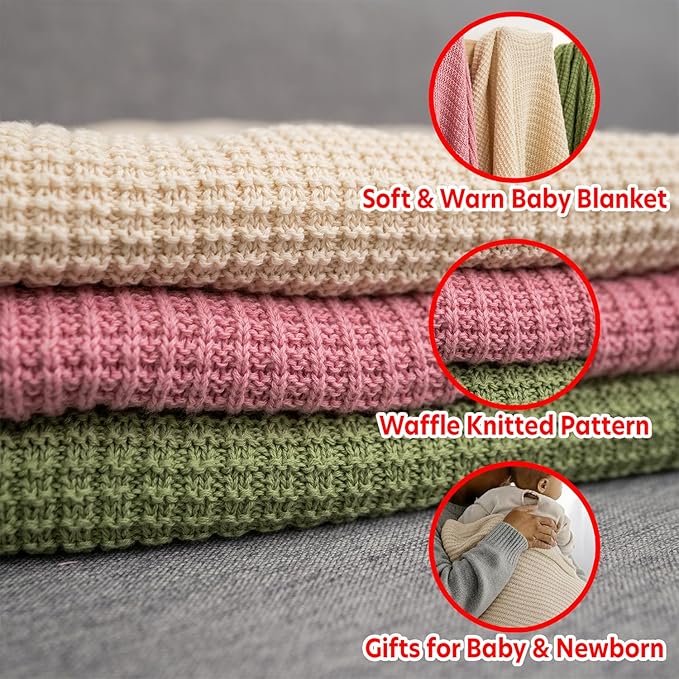 Baby Knit Blanket, 100% Cotton Waffle Patterns, Soft, Cozy, Lightweight Swaddle for Newborn & Infant Swaddling Beige Neutral, Perfect Baby Shower Ideas Beige 30x30