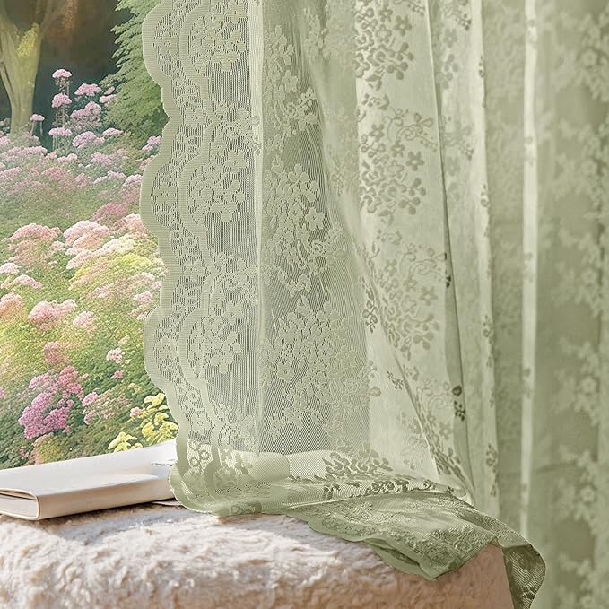Anmao Vintage Lace Curtains 63 Inches Long 2 Panels Set, Romantic Elegant Light Filtering Semi Sheer Floral Thick Lacy Curtain Drapes for Living Room and Bedroom, Each Panel 55W x 63L, Dry Grass Green