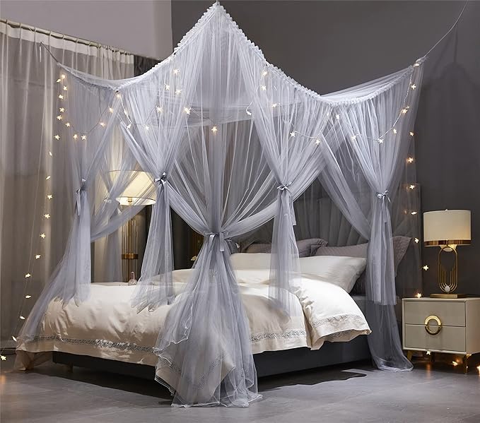 VETHIN 4 Corners Post Princess Bed Canopy Curtain Double Layer Cozy Drape Netting 4 Opening Mosquito Net for Girls & Adults Bedroom Decoration Accessories (Double Gray, 53" W*78" L*82"*H/(Full))