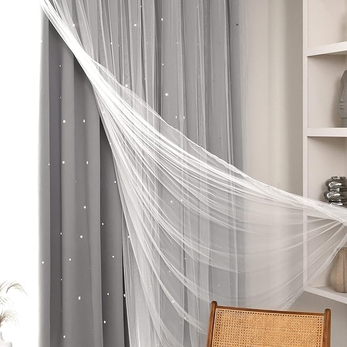 Kinryb Kids Blackout Curtains for Bedroom/Living Room/Classroom, Sheer Overlay 95 Inches 2 Panel Set, Double Layer Curtains with Star Cutout for Kids Room(W 52 x L 95 Inches,Silver Grey 2 Pcs)