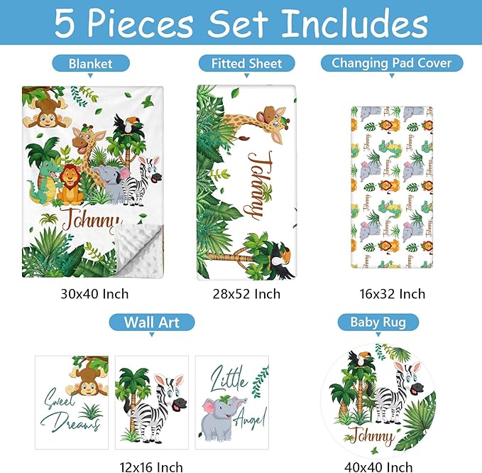Personalized Baby Crib Bedding Set, 5 Pcs Custom Name Nursery Bedding Set for Boys Girls, Safari Animals Theme Baby Bedding Sets, Flannel Blanket, Newborn Infant New Parents Cusotmized Gifts