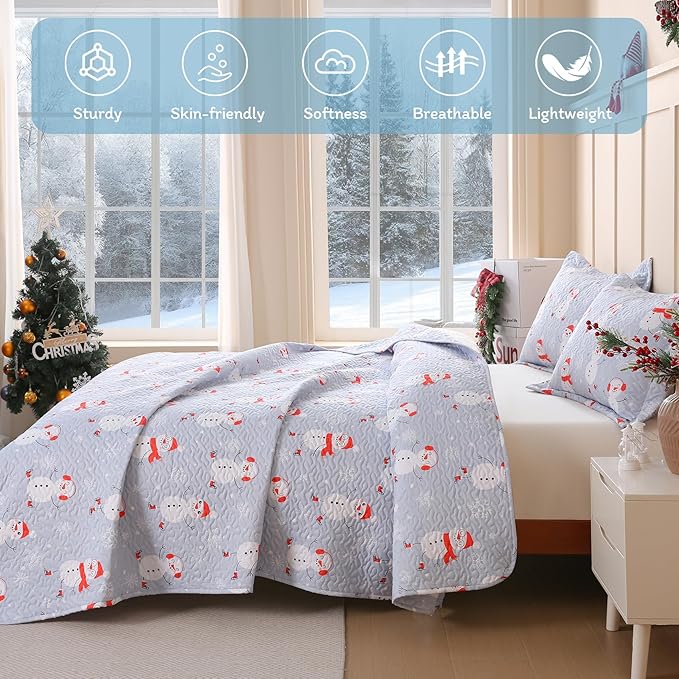 JSD Blue Snowman Christmas Kids Quilt Set Twin Size, 2 Pcs Christmas Bedding, Soft Microfiber Printed Bedspread Coverlet Holiday Quilted Blanket