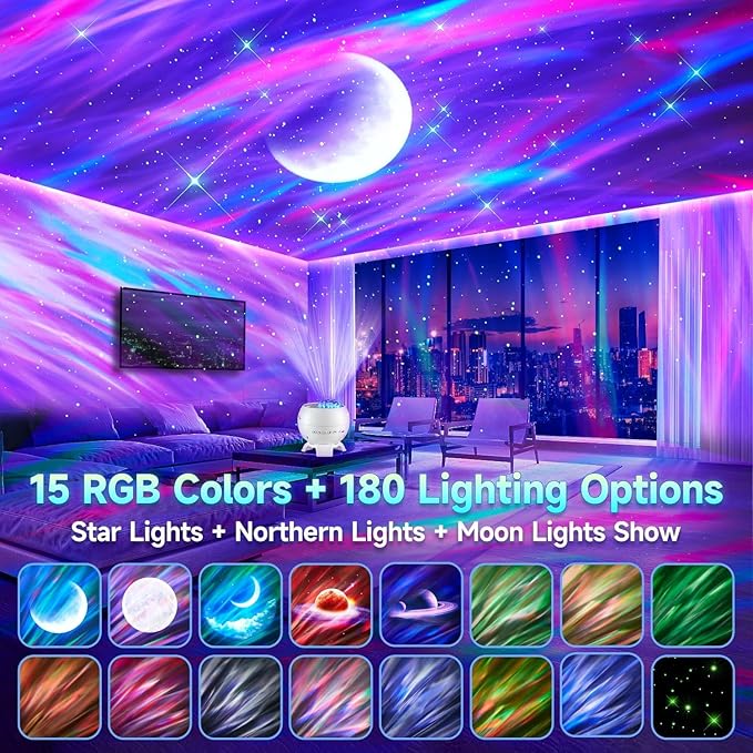 Galaxy Projector Northern Lights Projector,180 Lighting 5 Moons Star Projector Galaxy Light,15 White Noise & Bluetooth Aurora Light Projector,Remote Star Lights for Ceiling Projector for Kids Gifts