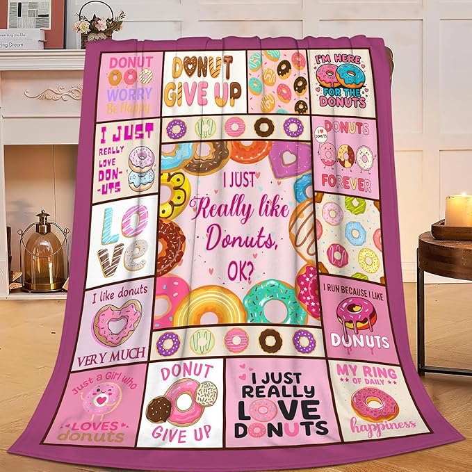 Pink Donut Fleece Blanket Dessert Doughnut Throw Blankets for Girls Boys Super Soft Warm Flannel Funny Food Throws Gifts for Men Women Cozy Fuzzy Plush Stuff Couch Bed Bedding Decor 50"x40"