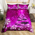 Manfei Purple Xmas Tree Duvet Cover Set Queen Size, White Snowflake Print Comforter Cover with 2 Pillowcases, New Year Theme Bedding Set 3pcs for Kids Boys Girls Bedroom Decor,No Comforter