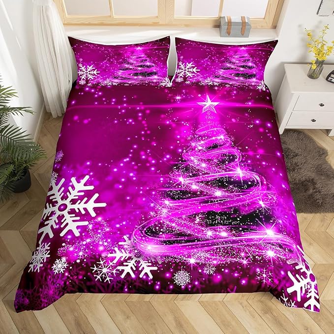 Manfei Purple Xmas Tree Duvet Cover Set Full Size, White Snowflake Print Comforter Cover with 2 Pillowcases, New Year Theme Bedding Set 3pcs for Kids Boys Girls Bedroom Decor,No Comforter