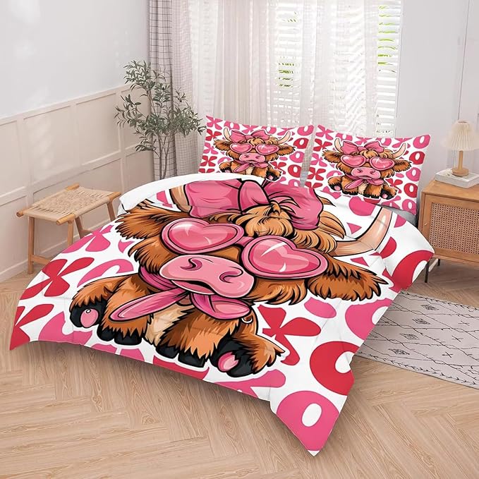 kxry Cute Cattle Comforter Set Full Size Cartoon Calf Animal Bedding Sets for Girls Teens Kids Funny Animal Soft Microfiber Lightweight Comforter Set with 1 Comforter + 2 Pillow Cases