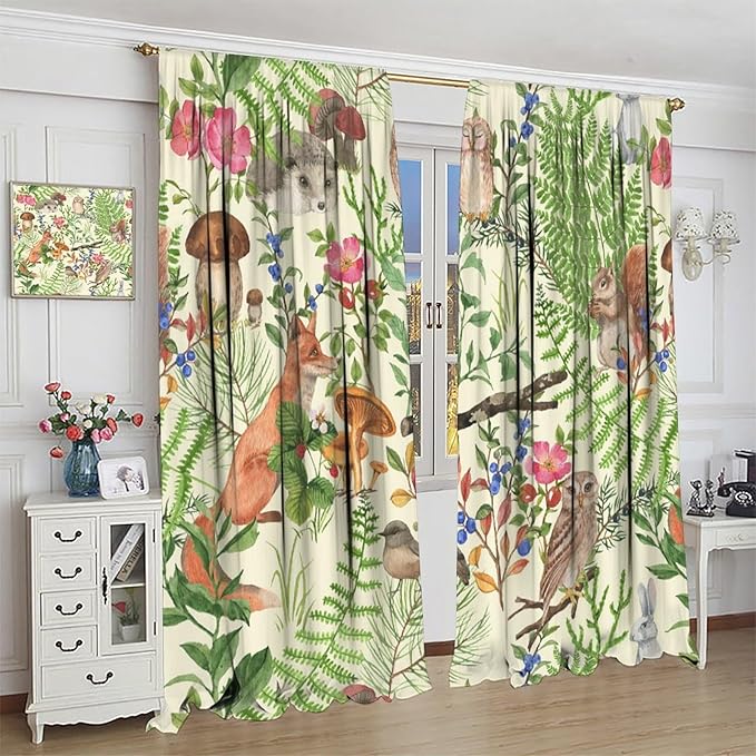 Forest Animal Curtains, Kids Rustic Wild Animal Window Treatments Watercolor Cute Woodland Fox Hedgehog Window Drapes for Nursery Toddler Bedroom 63x72in