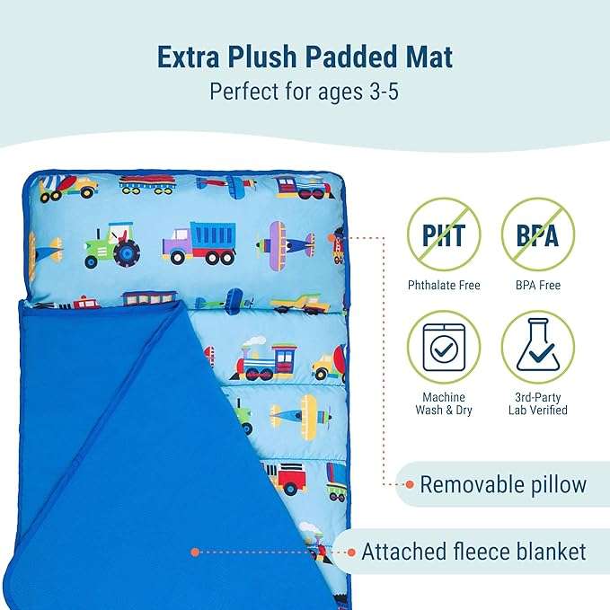 Wildkin 43-inch Kids Nap Mat – Soft Microfiber Toddler Sleeping Mat with Pillow