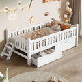 LUMISOL Twin Size Kids Bed Frame with Storage Drawers, Wood Twin Size Floor Bed with Safety Guardrail and Ladder for Girls Boys Teens, White