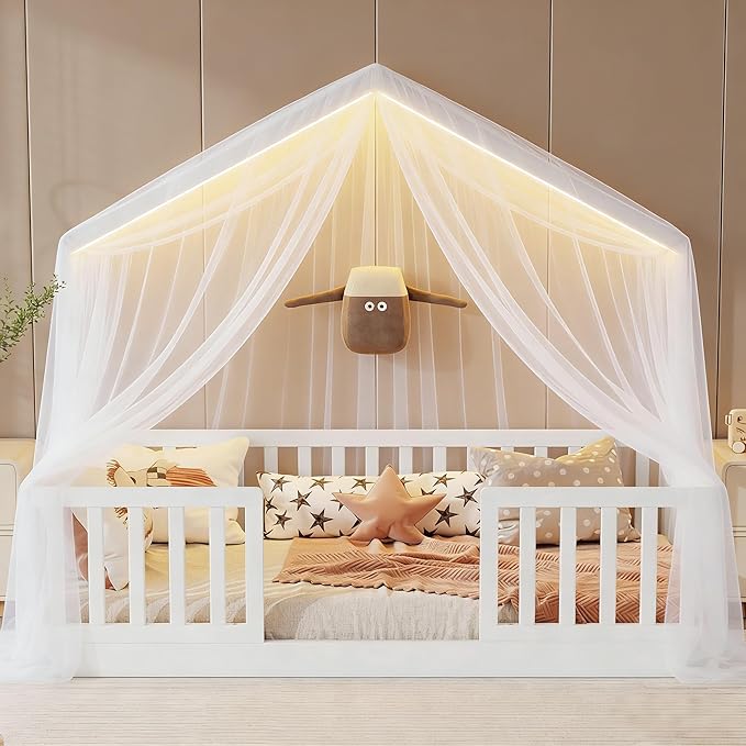 Full Size House Bed for Kids, Low Profile Full Montessori Bed with High Railings, Wood House Shape Montessori Beds with Light & Roof for Kids, White