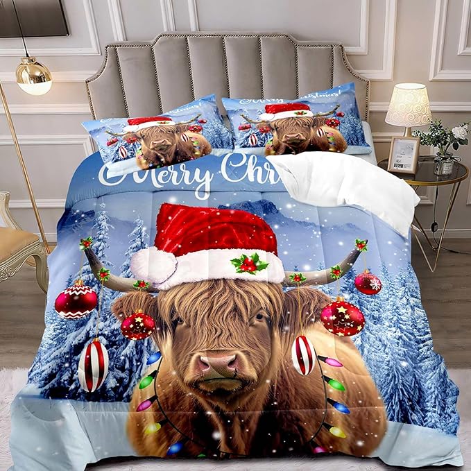 LUVIVIHOME 2PCS Funny Highland Cow Comforter Set Twin Size, Christmas Bedding, Cattle Bull Animal Santa Christmas Balls Winter Holiday Xmas New Year Christmas Bedroom Decor, Cow Gifts, 1 Pillow Sham
