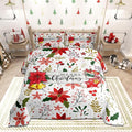 Castle Fairy Merry Christmas Comforter Set Toddler Size,Red Xmas Flowers Berry Leaves Plant Bedding Set with 1 Pillowcase,Floral Themed Bell Socks Print Quilted Duvet Set for Kids Boys Men, White