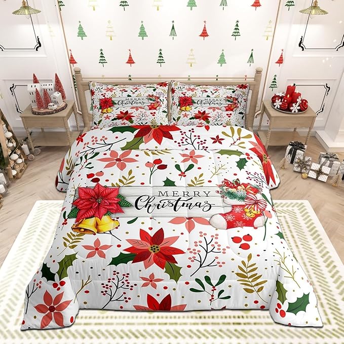 Castle Fairy Merry Christmas Comforter Set Toddler Size,Red Xmas Flowers Berry Leaves Plant Bedding Set with 1 Pillowcase,Floral Themed Bell Socks Print Quilted Duvet Set for Kids Boys Men, White