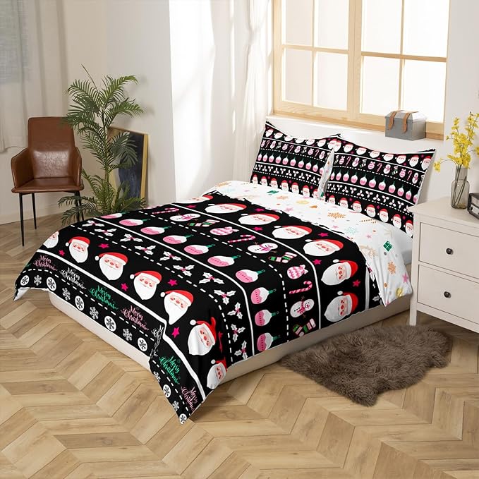 Feelyou Merry Christmas Decorative Comforter Cover Twin Size Xmas Cartoon Santa Claus Snowmen Duvet Cover Winter New Year Bedding Set Gifts for Kids Boys Girls 1 Pillow Case