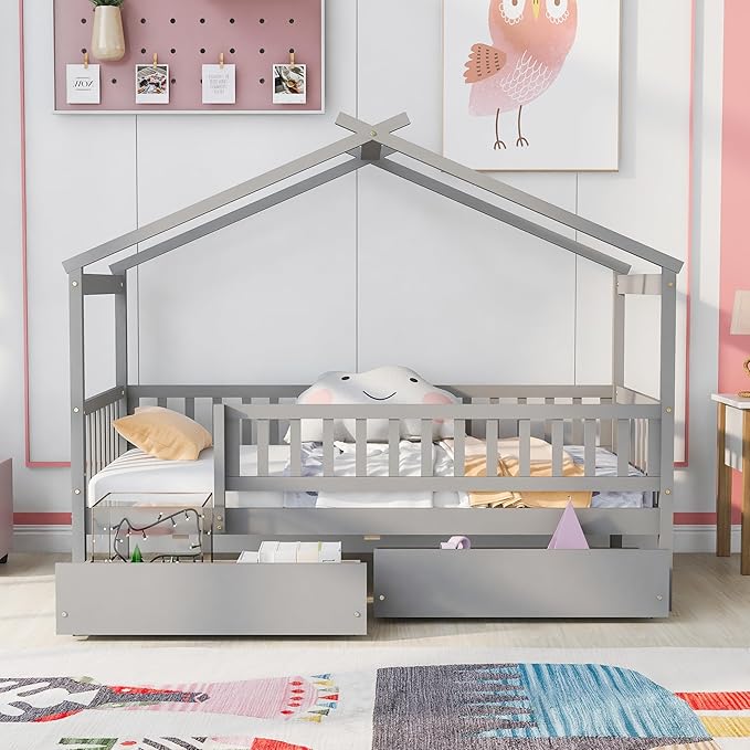Aoowow Twin Size House Bed with Storage Drawers,Kids Wooden Bed Frame Twin House Bed with Slats and Fence for Boys Girls Teens for Bedroom(Grey)
