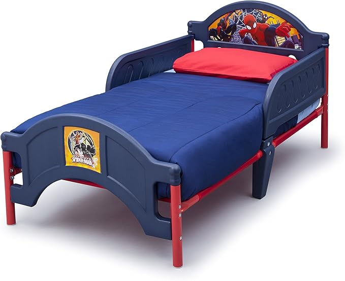 Delta Children Plastic Toddler Bed, Marvel Spider-Man + Delta Children Twinkle Galaxy Dual Sided Recycled Fiber Core Toddler Mattress (Bundle)