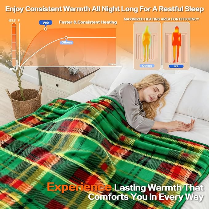 Electric Blanket Heated Twin, Soft Flannel 62"x84" Plaid Heating Blanket with 8 Hours Auto Off 10 Fast Heating Levels Machine Washable Sherpa Heated Blanket with Overheating Protection