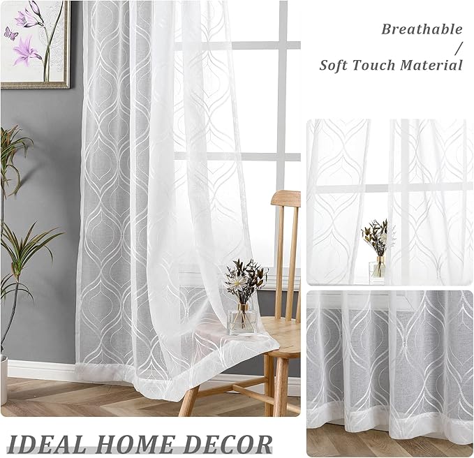 VISIONTEX White Sheer Curtains 95 Inches Long 2 Panels Set Moroccan Embroidered Curtains Trellis Decor French Textured Rod Pocket Voile Tulle Semi Window Drapes for Bedroom Living Room 54 x 95 Inches