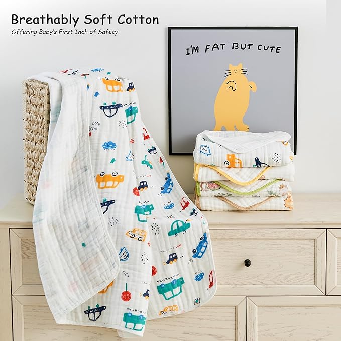 Luxury Muslin Baby Blanket, Cozy Swaddle, 6-Layer Cotton Receiving Blanket for Newborn Infant, 43x43 Inch Lightweight Breathable Crib Blanket, Nursery Stroller Toddler Quilt, Car Family