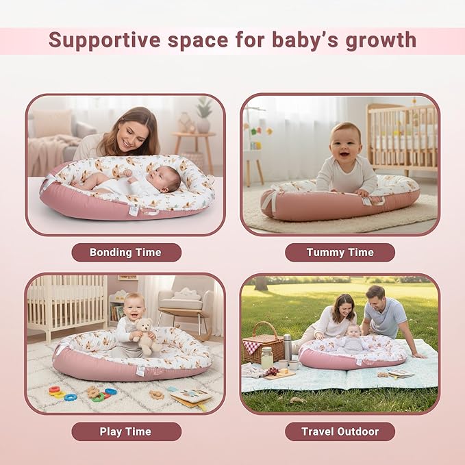 Baby Lounger – Infant Lounger for Newborn 0–24 Months, Baby Nest Lounger, Portable Newborn Lounger, Soft Breathable Cotton, Essentials for Babies at Home and Travel (Pink)