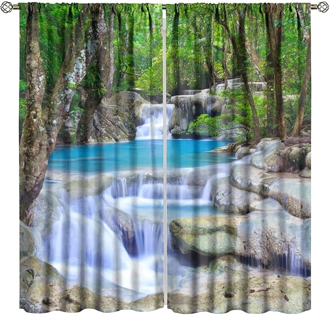 Forest Waterfall Blackout Curtains, Spring Nature Theme Natural Scenery Mountain Scenery Rod Pocket Window Drapes, for Bedroom Living Room 55" W X 63" L