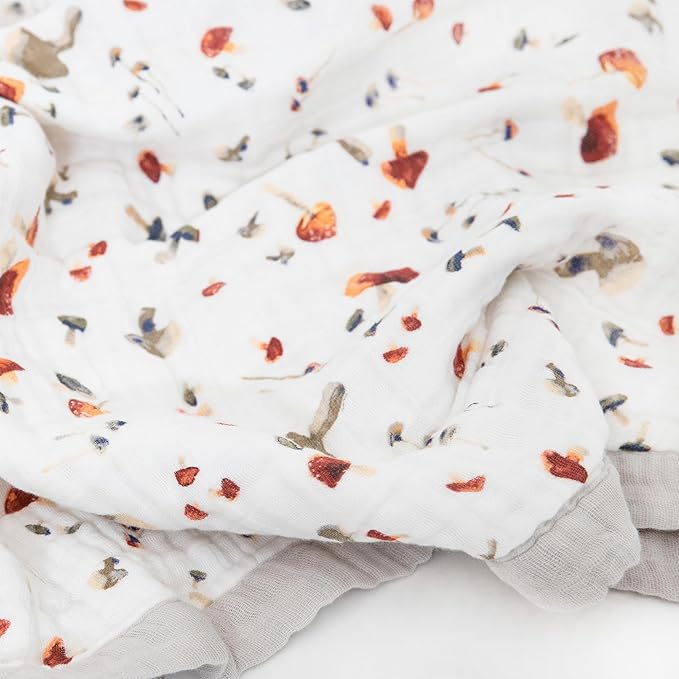 Little Unicorn Newborn Receiving Quilt | Ultra- Soft, Multi-Layered Muslin Fabric | Gift for Newborns & on-The-go (Mushrooms)