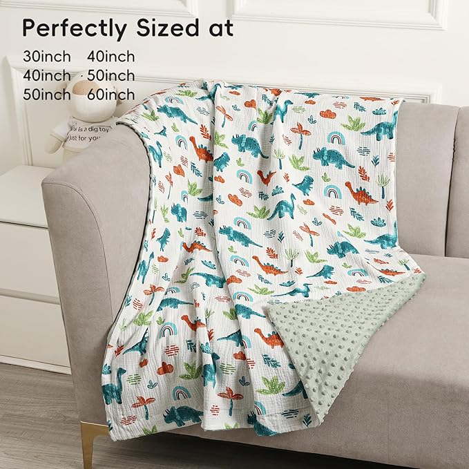 david's kids Muslin Minky Baby Blanket for Boys Girls with Muslin Cotton Front and Dotted Fleece Backing, Breathable and Soft Lightweight Receiving Blanket for Newborns, 30x40 Inches, Dinosaur