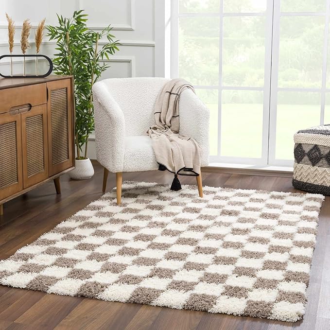 Hauteloom Atira Contemporary Checkered Fluffy Shag Area Rug - Modern Geometric Carpet Tiles for Living Room, Kids Room, Nursery - Plush Pile - Cream, Brown - 18" Sample