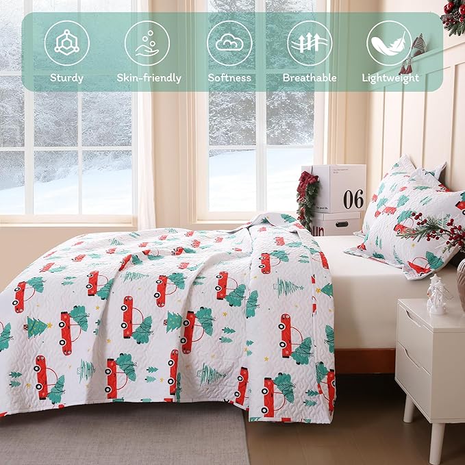 JSD 3 Pcs Kids Christmas Quilt Set Full/Queen, Red Truck Tree Christmas Theme Bedding, Soft Microfiber Bedspread Coverlet Holiday Quilted Blanket